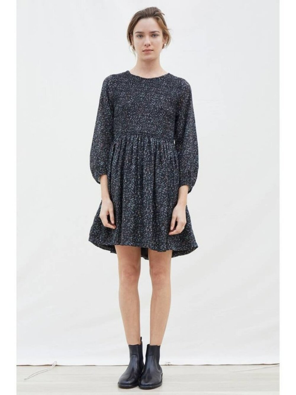 Cottage Prairie Boho Girly Apiece Apart Black Floral Smocked Mini Dress Size 8